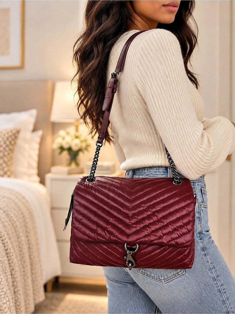 Rebecca Minkoff Edie Nylon Jumbo Flap Shoulder Quilted Shoulder Bag in Burgundy